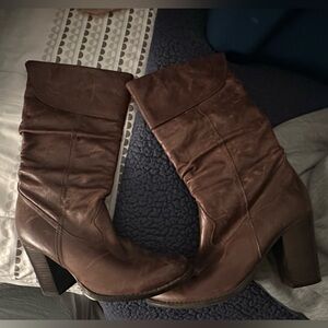 Brown Leather Mid-Calf Heeled Boots